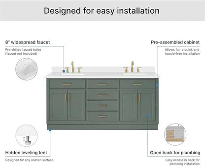 Isabella 72-inch Vintage Green Bathroom Vanity with Left & Right Rectangle Double Sinks, Carrara White Quartz Countertop & Backsplash, Solid Wood Frame, Soft-Closing & Dovetail Drawers