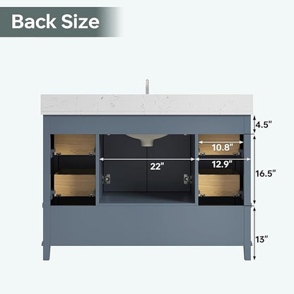 48 Inch Bathroom Vanity with Sink, Fully Assembled Bathroom Vanities with Soft Closing Doors & Dovetail Drawers, 48 Inch Vanity with Sink, Solid Wood, Engineered Stone Top, Steel Blue