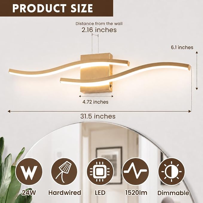 Modern Vanity Lights Dimmable Bathroom Light Fixtures Over Mirror Bathroom LED Vanity Light for Bathroom Living Room (Gold,31.5Inch)