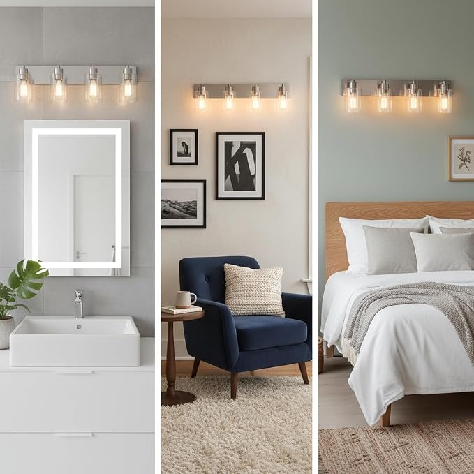 4-Light Bathroom Vanity Light Fixtures, Modern Bathroom Light Fixture with Clear Glass Brushed Nickel Finish Vanity Lights Over Mirror for Kitchen Bedroom Living Room
