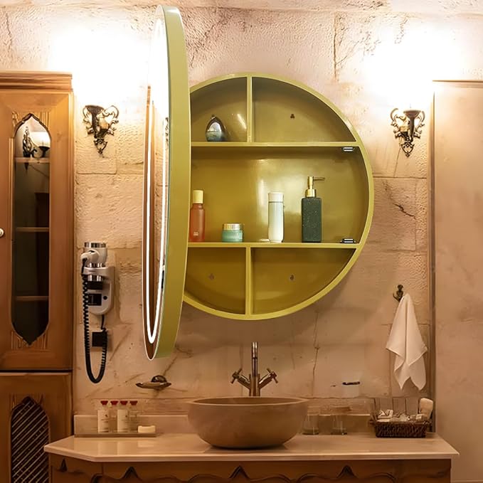 20inch Round Medicine Cabinet with Lights,Led Medicine Cabinet with Defogger,Illuminated Mirror Cabinet for Bathroom,Dimmable,Anti-Fog,3 Colors,Surface Mount Only,Gold