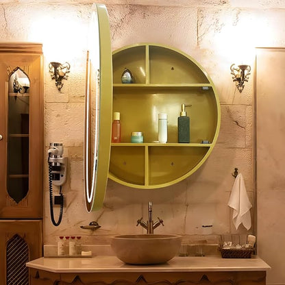 28inch Round Medicine Cabinet with Lights,Led Medicine Cabinet with Defogger,Illuminated Mirror Cabinet for Bathroom,Dimmable,Anti-Fog,3 Colors,Surface Mount only,Gold