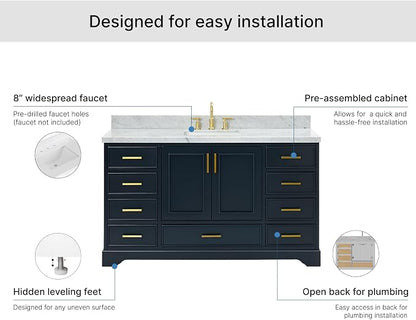 Langford 60-inch Midnight Blue Bathroom Vanity with Center Rectangle Single Sink, Italian Carrara Marble Countertop & Backsplash, Solid Wood Frame, Soft-Closing & Dovetail Drawers