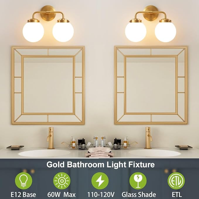Bathroom Light Fixtures 14in 2-Light Brushed Gold Vanity Light for Mirror | Bathroom Lighting Fixtures over Mirror, ETL, Brushed Brass Wall Sconce, Dimmable E12 Base Max 60W, Milky Glass Ball Shades