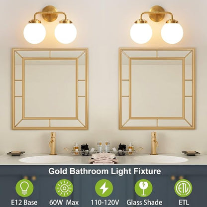 Bathroom Light Fixtures 14in 2-Light Brushed Gold Vanity Light for Mirror | Bathroom Lighting Fixtures over Mirror, ETL, Brushed Brass Wall Sconce, Dimmable E12 Base Max 60W, Milky Glass Ball Shades