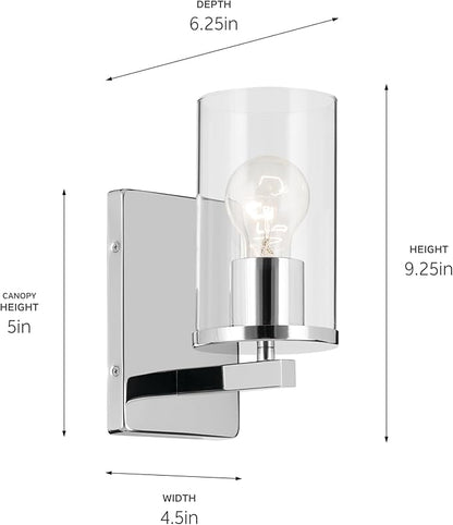 Crosby 4.5" 1-Light Wall Sconce with Clear Glass in Chrome, for Bathroom, Powder Room, Hallway, Kitchen, Bedroom, Fireplace, (4.5" x 9.25"), 45495CHCLR