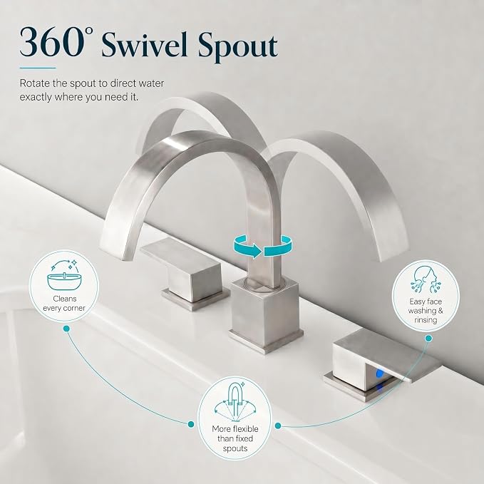 Widespread Brushed Nickel Bathroom Faucets, Waterfall Nickel Stainless Steel Bathroom Faucet for Sink 3 Hole, Vanity Lavatory Faucets with Drain & Water Hoses, 8 Inch, Lead-Free, 360° Swivel