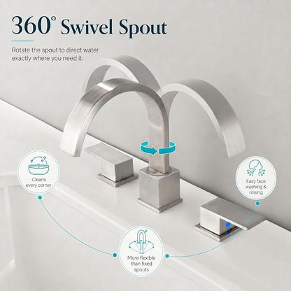 Widespread Brushed Nickel Bathroom Faucets, Waterfall Nickel Stainless Steel Bathroom Faucet for Sink 3 Hole, Vanity Lavatory Faucets with Drain & Water Hoses, 8 Inch, Lead-Free, 360° Swivel