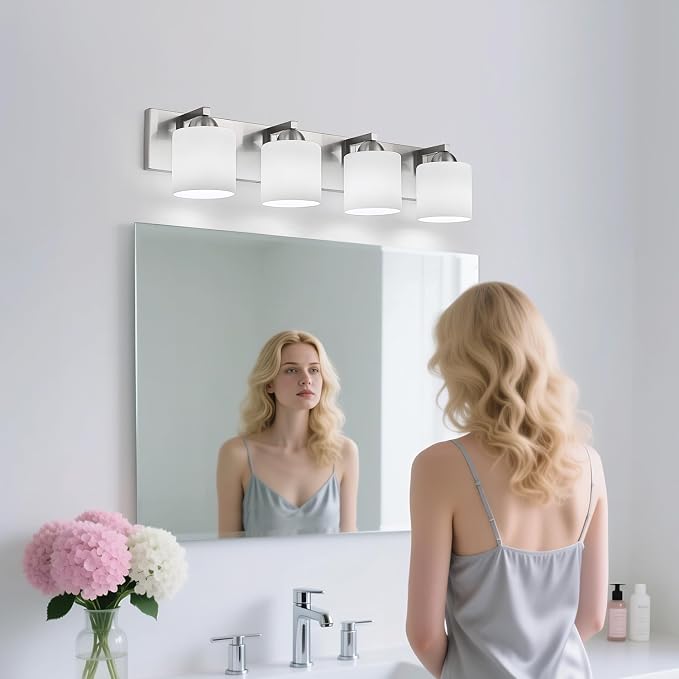 mirrea 4-Light Brushed Nickel Bathroom Vanity Light with White Glass Shades | makeup vanity illumination grooming station light over-sink wall lamp renovate remodel refresh decorate
