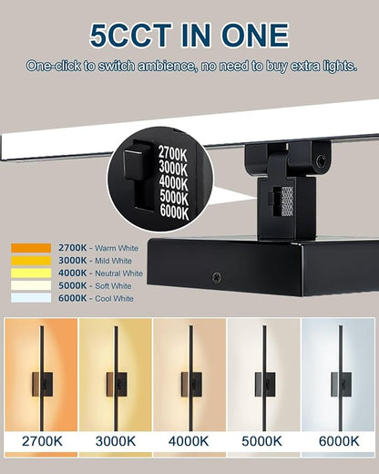 Aosclex 24 Inch Bathroom Lighting Fixtures Over Mirror, Rotatable, 16W 1440LM 5CCT Adjustable (2700K–6000K), Dimmable LED Bathroom Lights, IP44 Waterproof Black Modern Vanity Lights, ETL Certificated