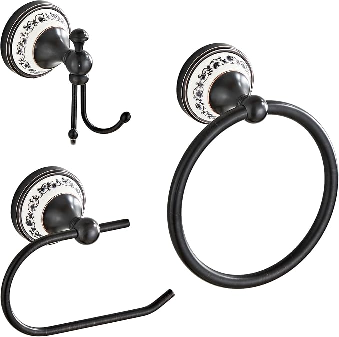 Bathroom Accessories Set, 3-Piece Bathroom Hardware Set | Black Toilet Paper Holder, Towel Ring, Double Wall Coat Hooks for Hanging Towels & Clothes YIGUANXIN