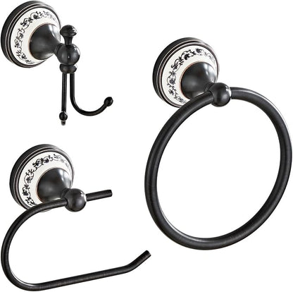 Bathroom Accessories Set, 3-Piece Bathroom Hardware Set | Black Toilet Paper Holder, Towel Ring, Double Wall Coat Hooks for Hanging Towels & Clothes YIGUANXIN