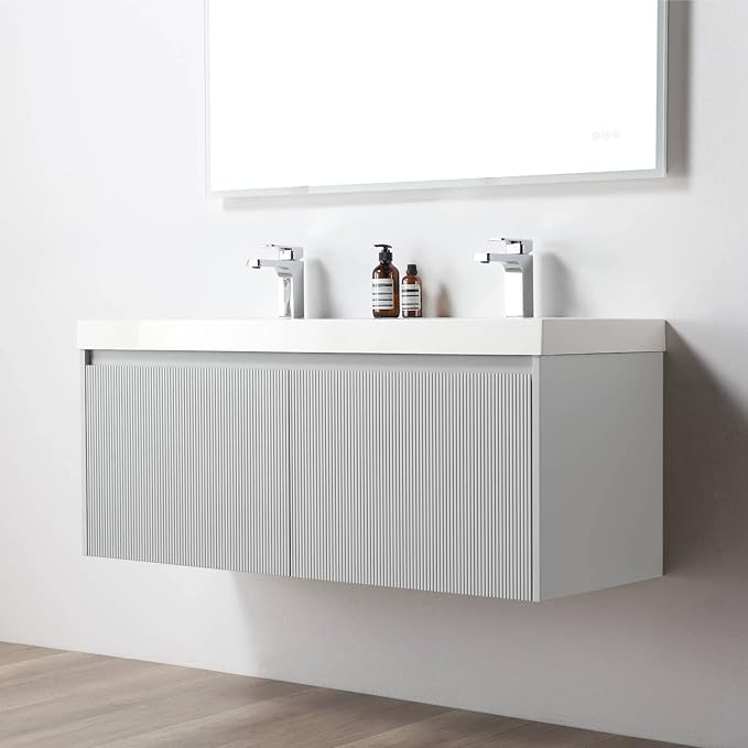 Blossom 48 Inch Double Sink Bathroom Vanity with Side Cabinets and Mirrors, All Wood Wall Mounted Floating Bathroom Vanity Cabinet with Acrylic Sink, Soft-Close Drawers, Bathroom Vanities, Light Grey