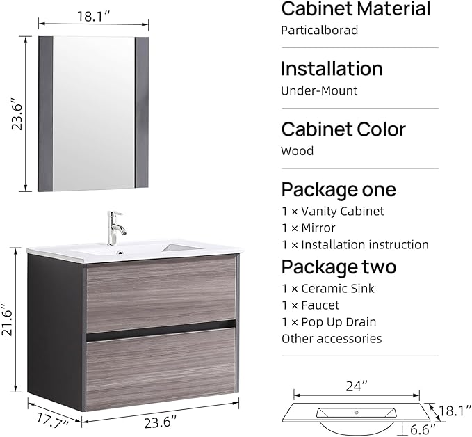 walsport Floating Bathroom Vanity with Sink & Mirror & Faucet & Countertop Set Small Wall Mounted Bathroom Single Sink Cabinet with Double Storage Drawers Modern (Brown1)