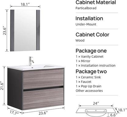 walsport Floating Bathroom Vanity with Sink & Mirror & Faucet & Countertop Set Small Wall Mounted Bathroom Single Sink Cabinet with Double Storage Drawers Modern (Brown1)