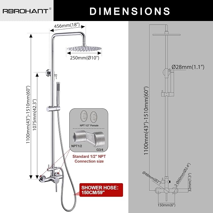 RBROHANT Outdoor Shower, Wall Mount Outdoor Shower Kit, Outside Shower Faucet with Height Adjustable Rain Shower and Handheld, Exposed Shower System for Pool, Wall Mounted, Polished Chrome, JK0146