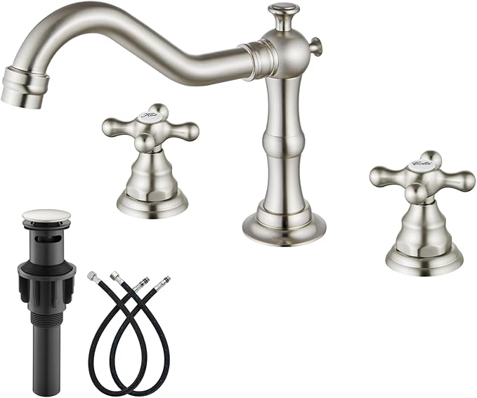 gotonovo Bathroom Faucet 3 Hole 8 Inch Widespread Bathroom Sink Faucet 2 Cross Handles Vintage Lavatory Vanity Mixer Tap with Pop Up Drain, Round Font Label, Brushed Nickel