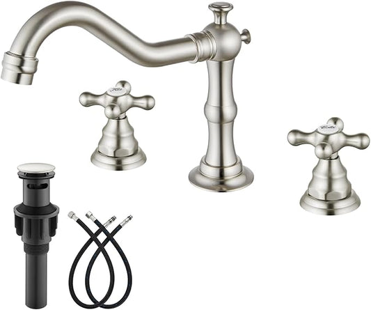 gotonovo Bathroom Faucet 3 Hole 8 Inch Widespread Bathroom Sink Faucet 2 Cross Handles Vintage Lavatory Vanity Mixer Tap with Pop Up Drain, Round Font Label, Brushed Nickel