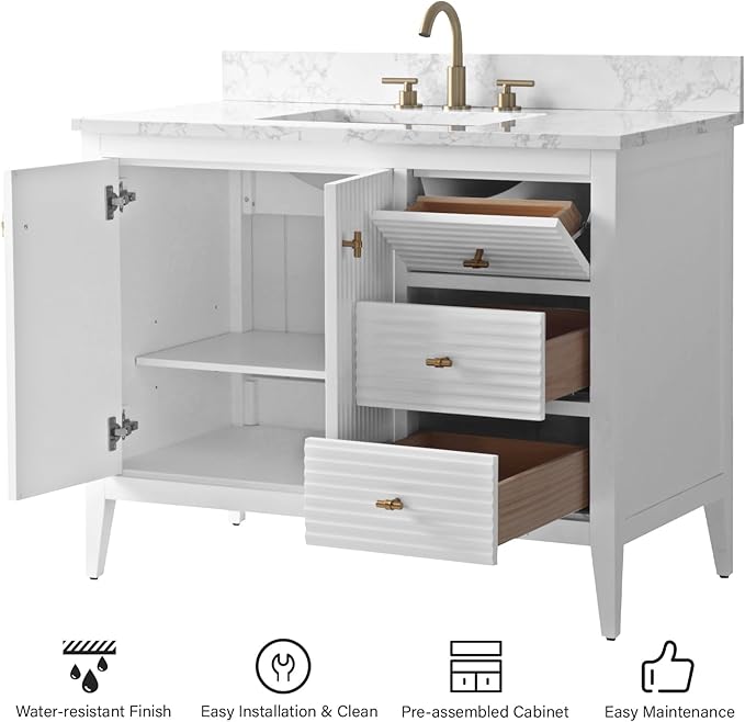 HOMEBEYOND 42" Bathroom Vanity with Sink, Solid Wood Bathroom Vanity Free-Standing Cabinet, Drawers, Ceramic Top & Soft Closing Door, Golden Brushed Handware, White