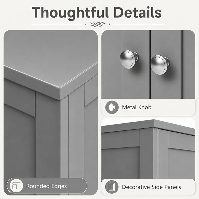 Nuturelly Bathroom Floor Storage Cabinet, 4 Doors, Anti-Tip, Grey | 23.7"D x 11.9"W x 42.6"H, Adjustable Shelves, Shaker style, 5-position Shelves, Anti-tip Kit, Rounded Corners, Easy Assembly