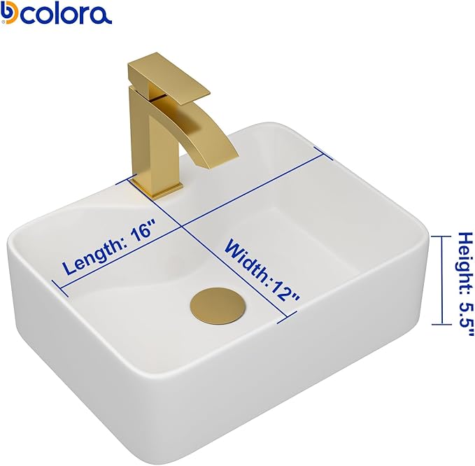 Dcolora 16 in. White Vessel Sink, Rectangular Porcelain Ceramic Above Counter Sink, Small Bathroom Sink with Gold Accessories,12"D x 16"W x 5"H #DC-SFDOE00084