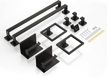 10-Piece 23.6 Inch Matte Black Bathroom Hardware Accessories Set | Stainless Steel Bath Extended Towel Bar, Toilet Paper Holder with Shelf, Towel Hooks, Square Towel Ring Wall Mounted