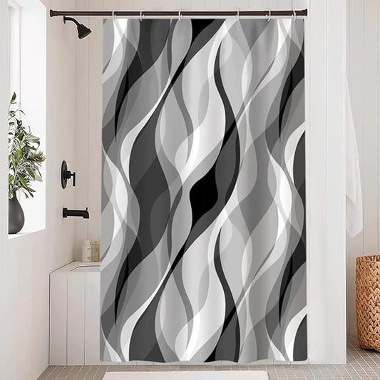 Grey Shower Curtain, Modern Abstract Black and Grey Striped Shower Curtain Set for Bathroom Waterproof White Gray Shower Curtain with Hooks, 48x72 Inch
