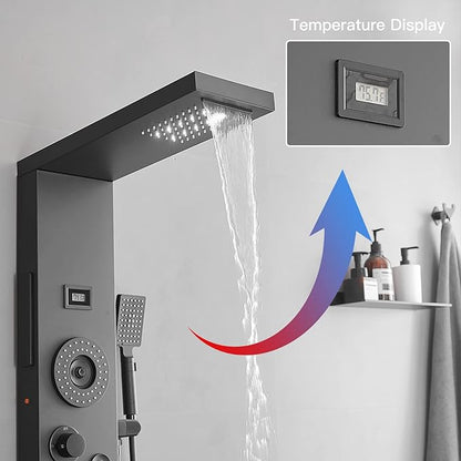 BWE Shower Panel with LED Rainfall Waterfall Shower 6-Function Faucet 4 Mist Jets 2 Body Sprays with Handheld and Waterfall Tub Spout Shower Tower System Matte Black