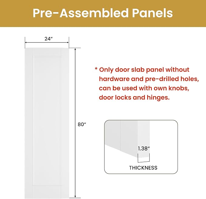SMARTSTANDARD 24" x 80" Slab Door, Solid Core Interior Door, Pre-Assembled | 1-Panel without Hardware Kit, White Primed Shaker for Pantry, Bathroom, Laundry, Paintable Surface