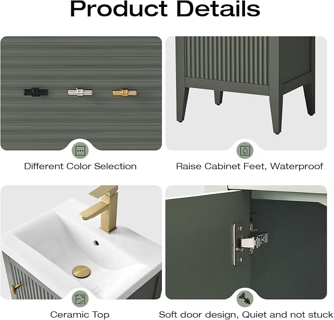 Vanity Art 20 inch Bathroom Vanity with Single Sink & Ceramic Top, Vanity Cabinet with Soft-Closing Door, Solid Wood Frame, Linear Pattern, Vintage Green, VA9120-VG-MB,Matte Black Handles