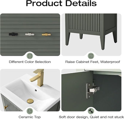 Vanity Art 20 inch Bathroom Vanity with Single Sink & Ceramic Top, Vanity Cabinet with Soft-Closing Door, Solid Wood Frame, Linear Pattern, Vintage Green, VA9120-VG-MB,Matte Black Handles