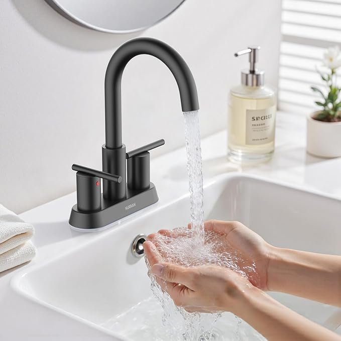 Hurran 4 Inch Bathroom Faucet for Sink 3 Hole, Matte Black Bathroom Faucet with Pop-up Drain and 2 Supply Hoses,Stainless Steel Lead-Free 2-Handle Centerset Faucet for Sink Vanity RV