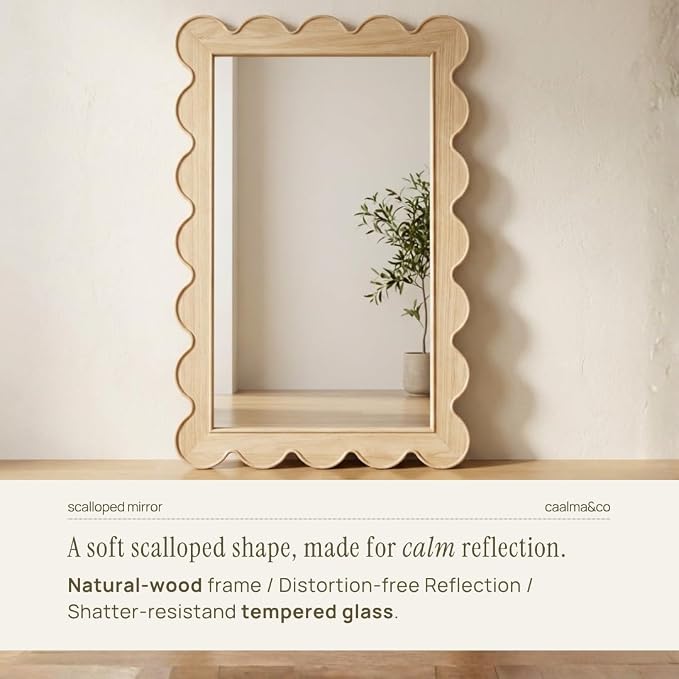 CAALMA Scalloped Wall Mirror 24 x 36 Rectangular, Bathroom Mirror, Mirrors for wall Decor, Wooden Frame Mirrors for wall, Decorative Vanity Mirror, Nursery Decor, Entryway Mirror, Wall Mounted Mirror