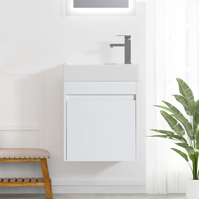 Henf Wall Mount 18 Inch Bathroom Vanity W/Sink Combo for Small Space, Modern Design Vanity Cabinet Gel Basin Countertop, Float Mounting Design Cabinet Set with Single Soft Close Doors(Without Faucet)