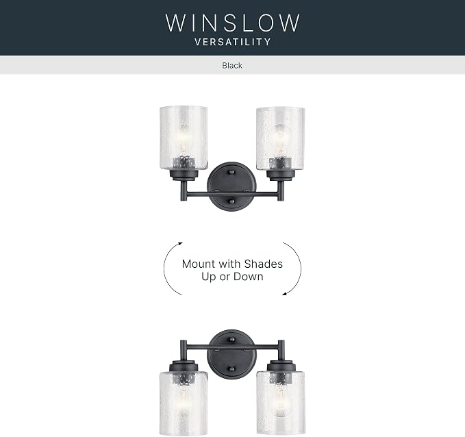Kichler Winslow 2-Light Farmhouse Vanity Light, Black | Clear seeded glass vanity light with industrial styling (12.75" x 9.25" x 6.5"), 45885BK