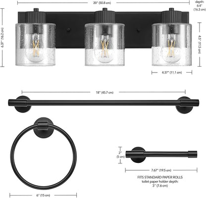 Globe Electric 4-Piece All-in-One Bathroom Set, Matte Black, 3-Light Vanity Light with Seeded Glass Shades, Towel Bar, Toilet Paper Holder, Towel Ring