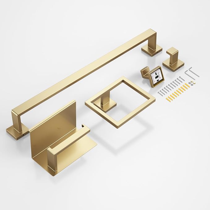 5-Piece 23.6 Inch Brushed Gold Bathroom Hardware Accessories Set | Stainless Steel Bath Extended Towel Bar, Toilet Paper Holder with Shelf, Towel Hooks, Square Towel Ring Wall Mounted