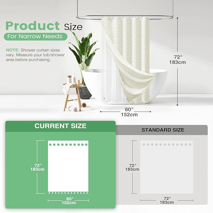 Dynamene Stall Shower Curtain and Liner Set - 60 inch Wide Boho Shower Curtain and Waterproof Clear Liner, Tufted Chevron Striped Textured Tassel Shower Curtains for Bathroom, 10 Hooks, 60x72, Cream