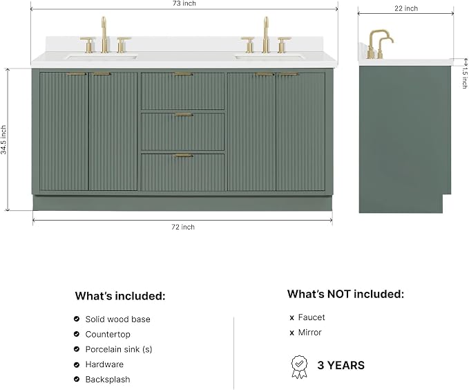 ARIEL Milan 72-inch Bathroom Vanity with Sink,Solid Wood, 1.5-inch Pure White Quartz Countertop, Double Rectangular Porcelain Sink, Soft Closing Doors, Dovetail Drawers, Vintage Green