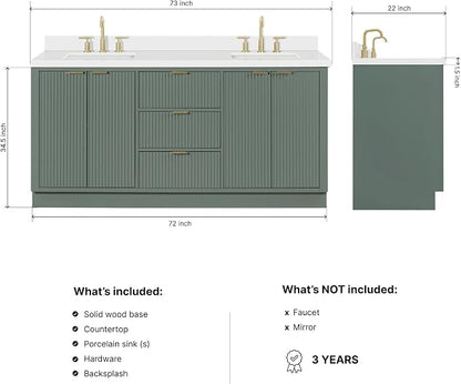 ARIEL Milan 72-inch Bathroom Vanity with Sink,Solid Wood, 1.5-inch Pure White Quartz Countertop, Double Rectangular Porcelain Sink, Soft Closing Doors, Dovetail Drawers, Vintage Green