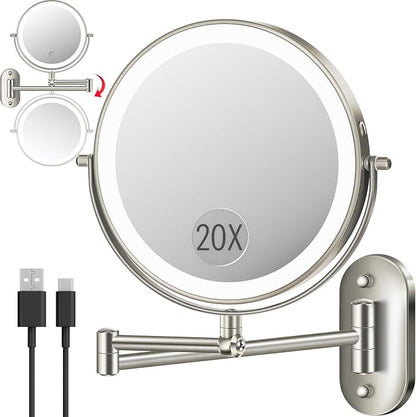 20X 9" Wall Mounted Magnifying Makeup Mirror with Light Height Adjustable | 5000mAh Double Sided Rechargeable LED Lighted Vanity Mirror with Magnification 3 Color Light up Extended Arm 360 Rotation
