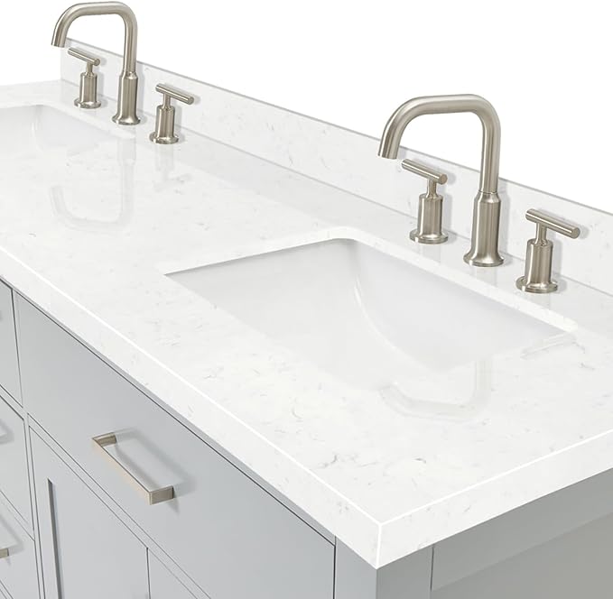 DKB Alenza 72 Inch Bathroom Vanity Double Sink — Grey Bathroom Vanity with Sink, 1.5" Edge Carrara White Quartz Countertop & Backsplash, 4 Soft-Close Doors, 4 Dovetail Drawers