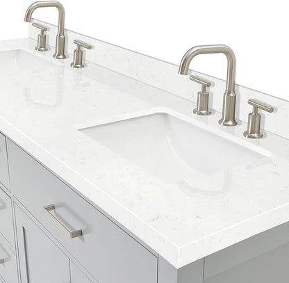DKB Alenza 72 Inch Bathroom Vanity Double Sink — Grey Bathroom Vanity with Sink, 1.5" Edge Carrara White Quartz Countertop & Backsplash, 4 Soft-Close Doors, 4 Dovetail Drawers