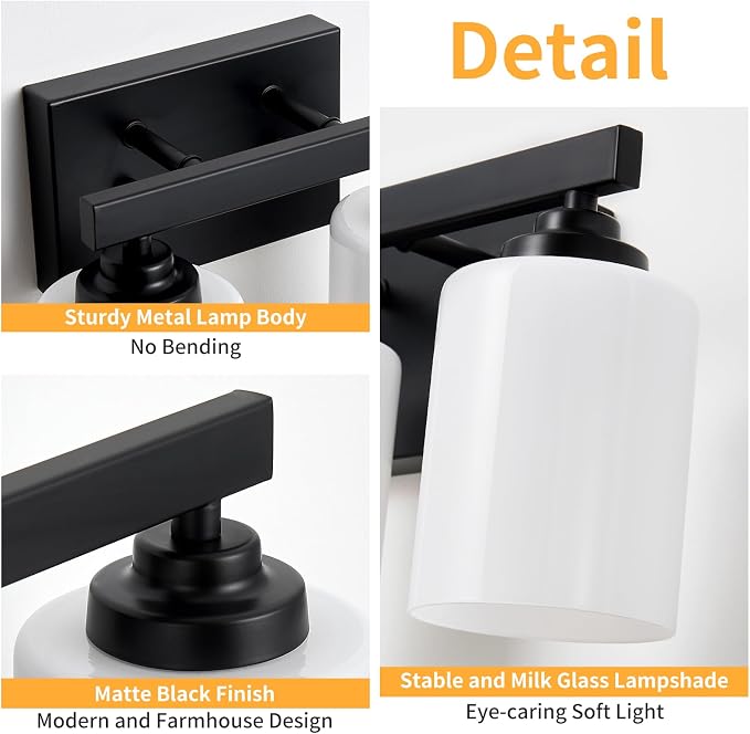 Bathroom Light Fixtures, Vanity Light Over Mirror Black 2-Light Fixture | Modern bathroom vanity light fixture with metal frame, ideal for mirrors, bedrooms and hallways. Fits E26 bulbs.