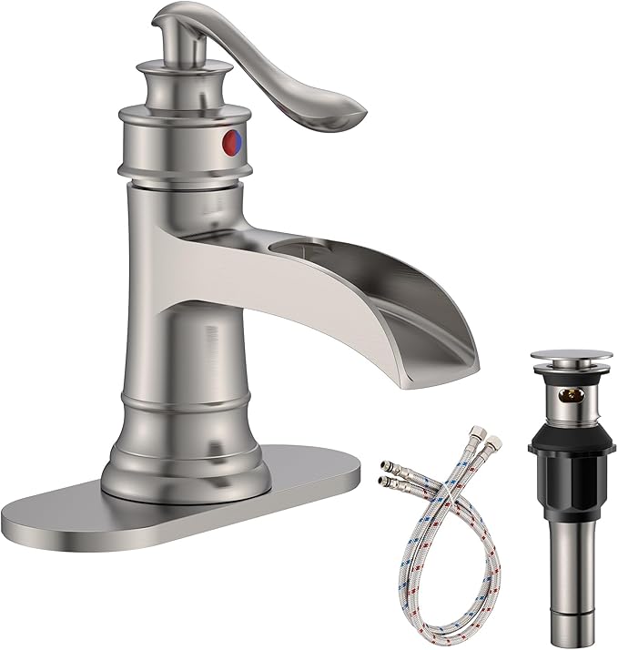 Homevacious Bathroom Faucet Brushed Nickel Waterfall Bathroom Sink Faucets with Single Handle Rustic Vanity Farmhouse RV Faucet Suitable for 1 or 3 Holes with Pop-up Drain Deck Plate Hose