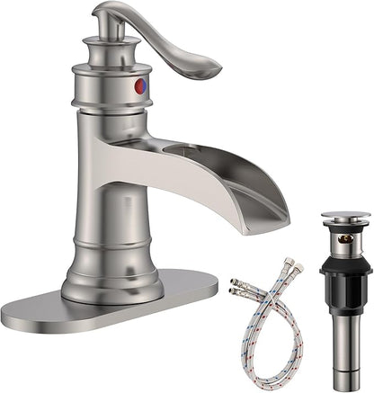 Homevacious Bathroom Faucet Brushed Nickel Waterfall Bathroom Sink Faucets with Single Handle Rustic Vanity Farmhouse RV Faucet Suitable for 1 or 3 Holes with Pop-up Drain Deck Plate Hose