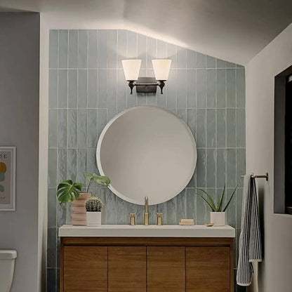 Kichler, Cosabella 15 Inch 2 Light Vanity Light with Satin Etched Cased Opal Shade in Champagne Bronze, 15" L x 6.5" W x 10.25" H, 55091