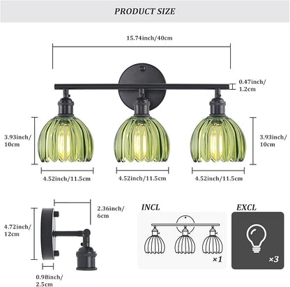 Bathroom Light Fixtures, 3-Light Black Vanity wall Light Over Mirror with Green Tulip Glass Shade for Bedroom Living Room (Bulb Not Included)