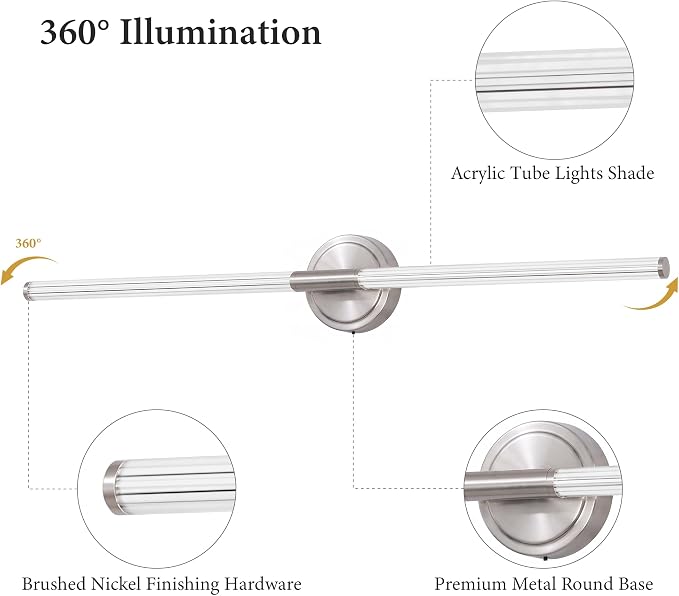 URSOLA 40" Modern LED Bathroom Light Fixtures, Brushed Nickel 3CCT Dimmable Bathroom Vanity Light Over Mirror, Bathroom Vanity Bath Bar Lights with 360° Removable Acrylic Light Tube
