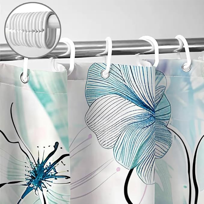 Sanzugh Teal Floral Shower Curtain, Boho Emerald Sage Hunter Olive Green Blue Abstract Flowers Art Cute Fabric Shower Curtains Set for Bathroom Decorative with Hooks 60 X 72 inch Spring Bath Decor
